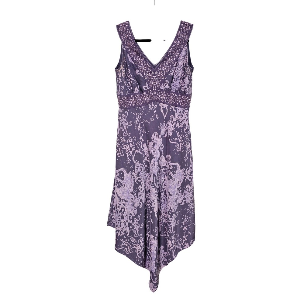 Vintage Silk Slip Dress 12 Purple Paisley Embordered Midi Handkerchief Fairy YK2